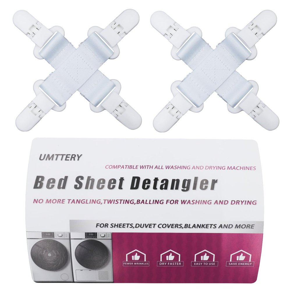 Umttery Bed Sheet Detangler, Keep Bed Sheets/Duvet Covers/Blankets from Tangling, Twisting & Balling in Washer and Dryer, 4 pcs(White)