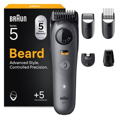 Braun Series 5 Beard Trimmer, BT5525, Grey - 5 Styling Tools, Mens Beard Trimmer with Ultra Sharp Blade, Waterproof, 40 Lengths & 120 min Cordless Use