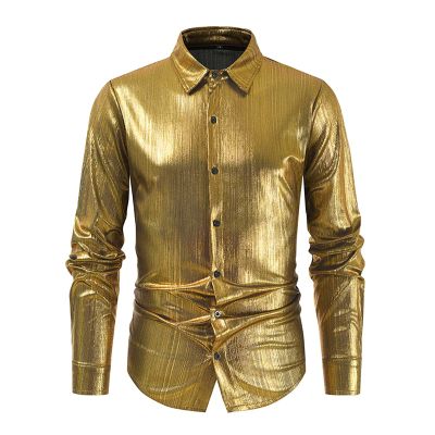 Glitter Shirt Men's 70s Outfit Sequins Top Metallic Shiny Casual Shirt Gold T-Shirt Sequins Shirt 70s Disco Party Costume, gold, L