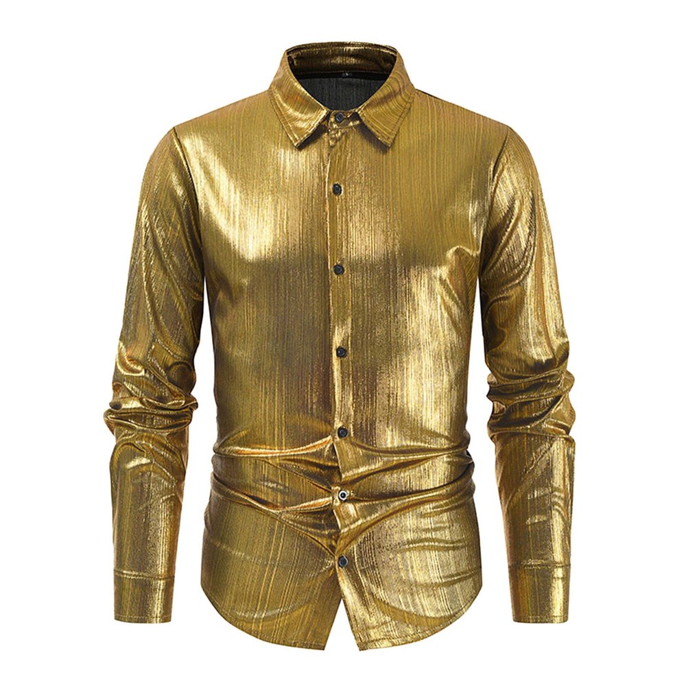 Glitter Shirt Men's 70s Outfit Sequins Top Metallic Shiny Casual Shirt Gold T-Shirt Sequins Shirt 70s Disco Party Costume, gold, L