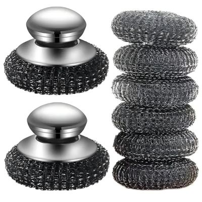 8Pcs Stainless Steel Wool Scrubber with Handle, Dish Scrubber Cleaning Supplies for Pots, Pans, Grills, Dishes