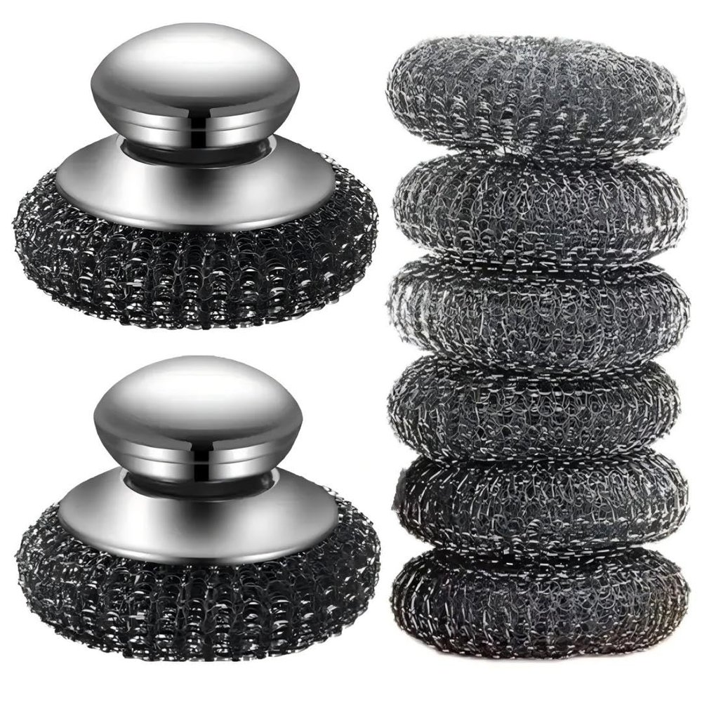 8Pcs Stainless Steel Wool Scrubber with Handle, Dish Scrubber Cleaning Supplies for Pots, Pans, Grills, Dishes