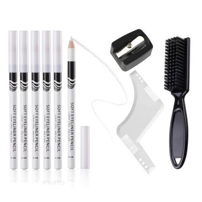 8 Pieces White Barber Pencil Set for Hairline Edge Tracing, Beard Shaping & Beard Outliner 6 Barber Pencils with Built-in Sharpener, Brush & Ruler for Precise Beard and Hairline Styling