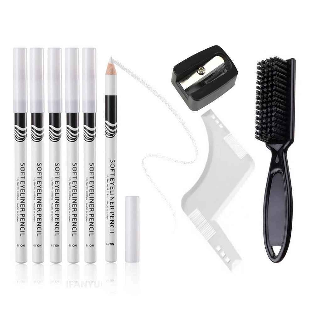 8 Pieces White Barber Pencil Set for Hairline Edge Tracing, Beard Shaping & Beard Outliner 6 Barber Pencils with Built-in Sharpener, Brush & Ruler for Precise Beard and Hairline Styling