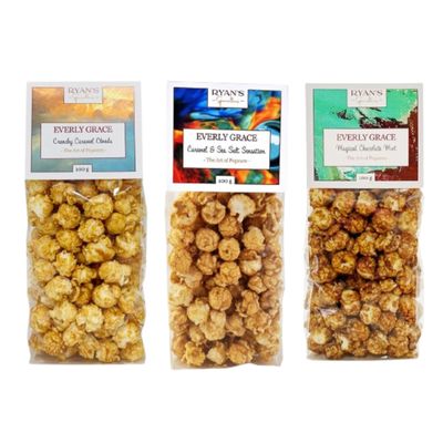 Everly Grace Popcorn Spring Bundle - Caramel & Sea Salt Sensation, Crunchy Caramel Clouds, Magical Chocolate Mint, 100 g Popcorn Bags from our factory in Augsburg, Germany