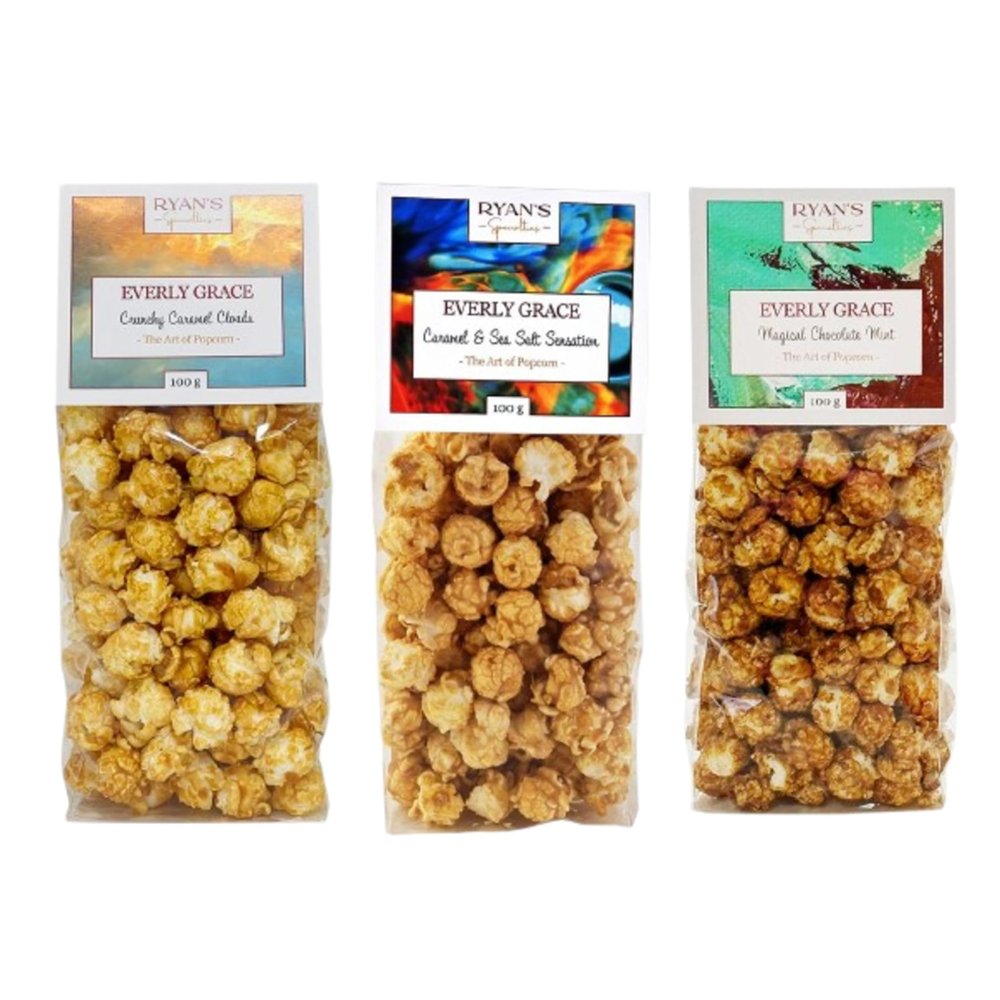 Everly Grace Popcorn Spring Bundle - Caramel & Sea Salt Sensation, Crunchy Caramel Clouds, Magical Chocolate Mint, 100 g Popcorn Bags from our factory in Augsburg, Germany
