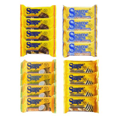 Sesame Snaps Variety Pack of 4 | Sesame Snaps Original 4x30g, Sesame Snaps with Coconut 4x30g, Sesame Snaps with Yogurt 4x30g, Sesame Snaps with Chocolate 4x30g | Brough to You by Serendib
