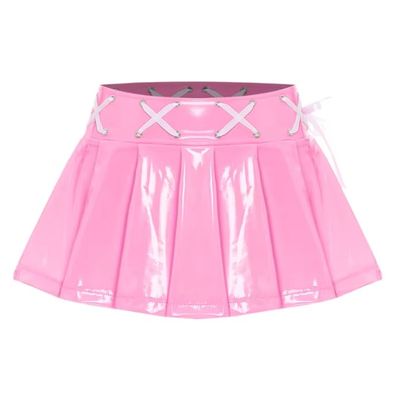 XINLIANYI Womens Wet Look Patent Leather Pleated Mini Skirt Cross Lace-up Ribbon Invisible Zipper Shorts Miniskirt Rave Party Clubwear,Pink, L