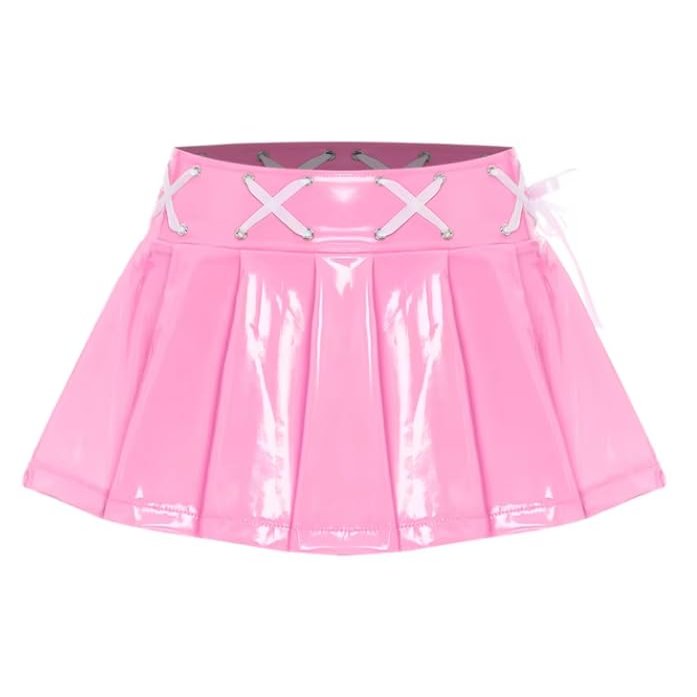 XINLIANYI Womens Wet Look Patent Leather Pleated Mini Skirt Cross Lace-up Ribbon Invisible Zipper Shorts Miniskirt Rave Party Clubwear,Pink, L