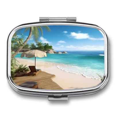 Beach Style Pill Organizer Square Medicine Case with Mirror Daily Pill Boxes for Purse Mini Medicine Storage Container Box Compact Pill Holder for Vitamins