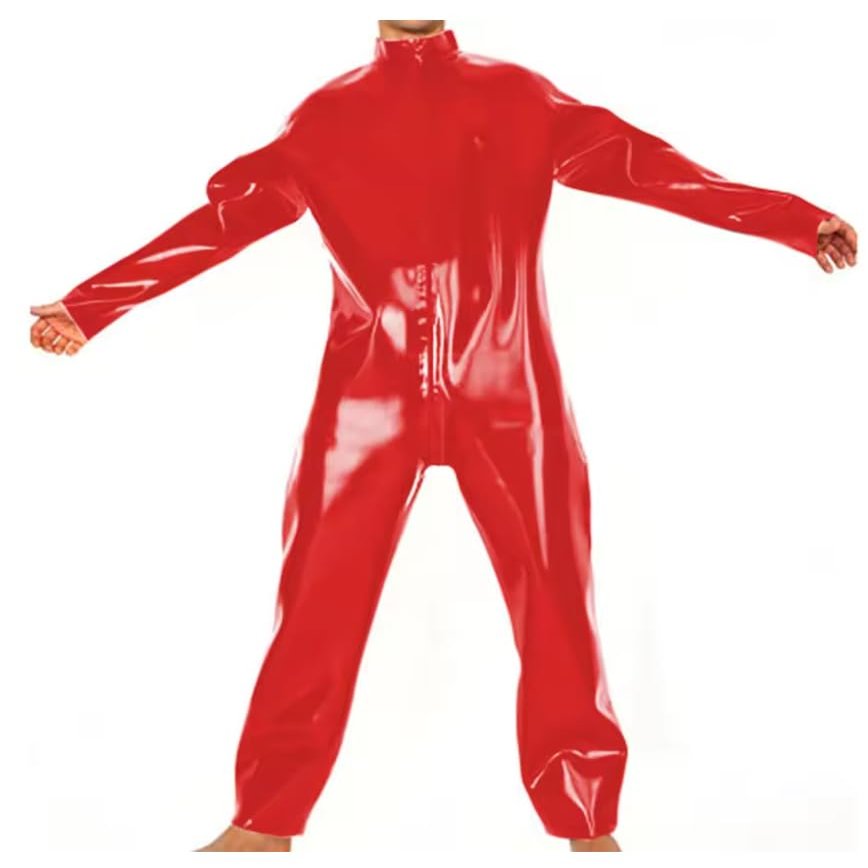 YGZHANYUANOKU High-Necked Mens PVC Faux Leather Jumpsuit Party Cosplay Costumes Catsuit Male Front Zipper Bodysuit Fetish Wetlook Clubwear Customizable ,Red,S