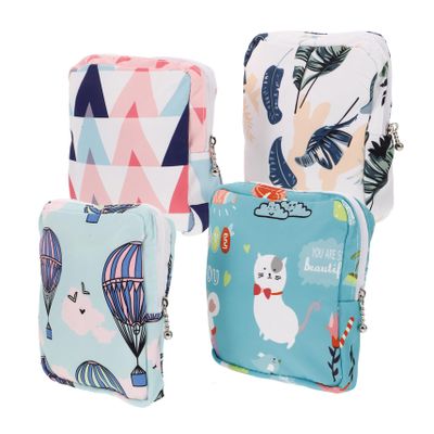 Healeved 4pcs Portable Menstrual Pad Bag and Nursing Pad Pouch Set, Waterproof Cotton Fabric Storage Bags for Travel and Daily Use, Assorted Green Balloon, Pink, Green Cat Leaf Patterns