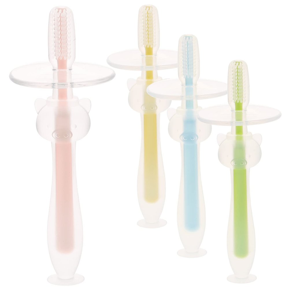 Beatifufu Silicone Toothbrushes with Portable Suction Base Design 4pcs for Infants and Toddlers Baby Toothbrushes Lightweight Soft Bristles Suitable for Newborn Oral Cleaning