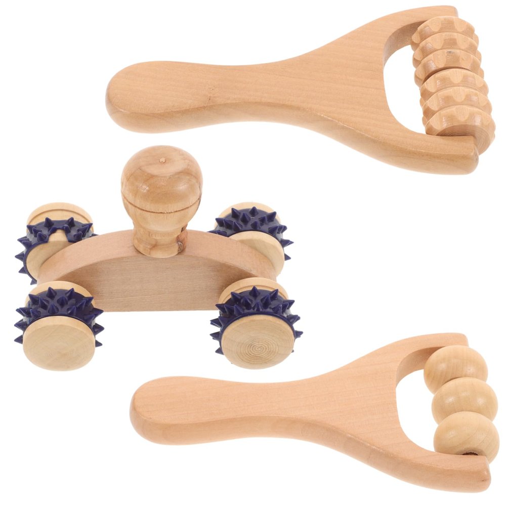 Wooden Massage Tool 3pcs Round Beige Portable Manual Roller