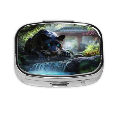 Fierce Animals in Jungle Rivers Travel-Friendly Pill Box - Portable Square Organizer with Compartments for Medicines, Vitamins, and Supplements, Durable Metal Design.