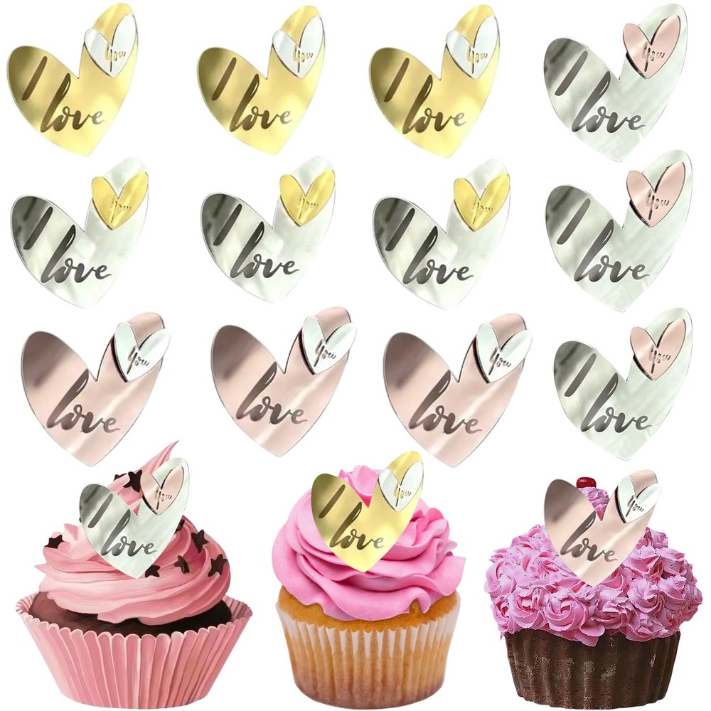 Love Heart Cake Topper Acrylic Cupcake Decoration for Valentine's Day Mother's Day Party Wedding Anniversary Dessert Supplies