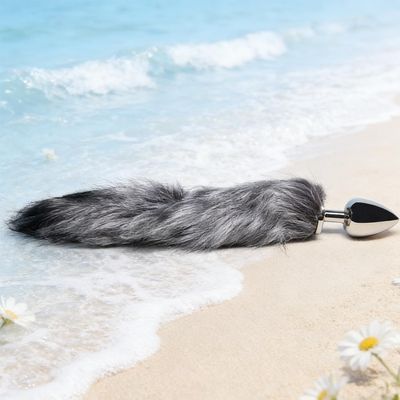 F1P-Sparkling Stainless Steel Toy Fox Tail Training Kit Plug with Comfortable for Couple Women Men Beginner Play (Gray)