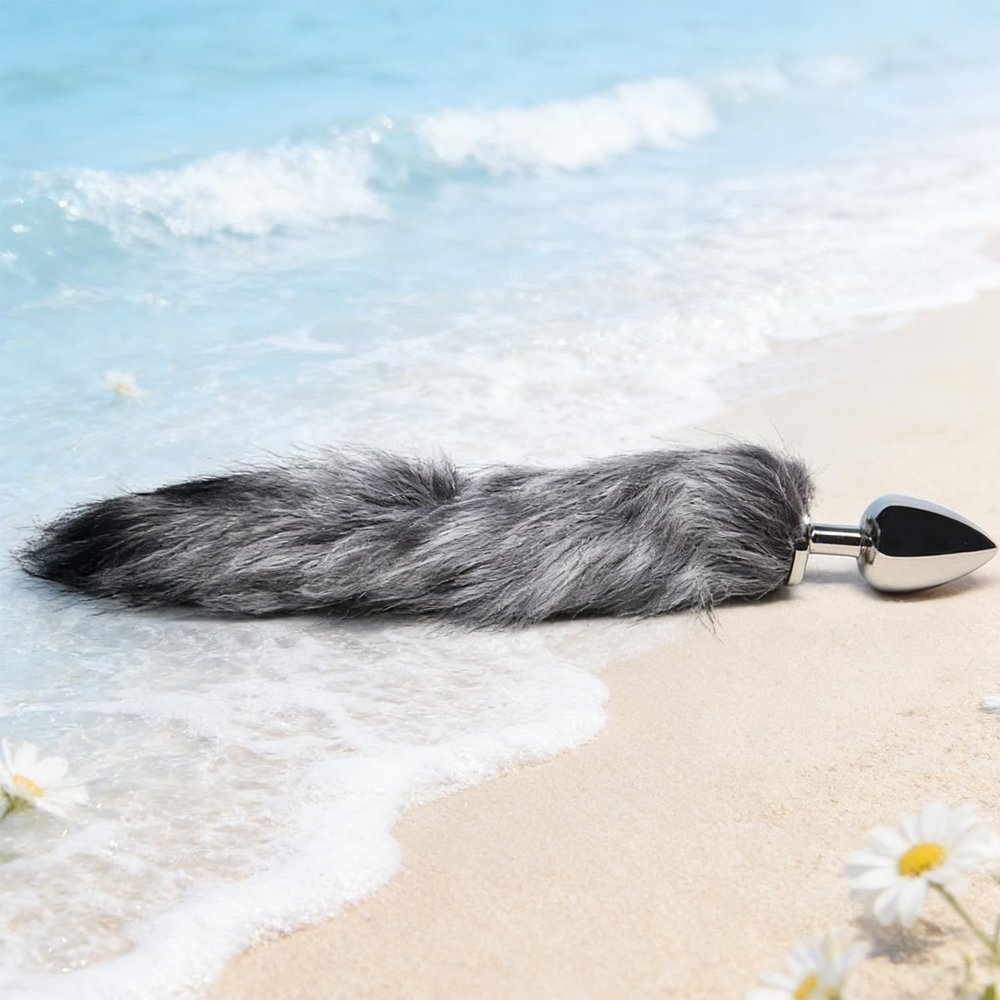 F1P-Sparkling Stainless Steel Toy Fox Tail Training Kit Plug with Comfortable for Couple Women Men Beginner Play (Gray)