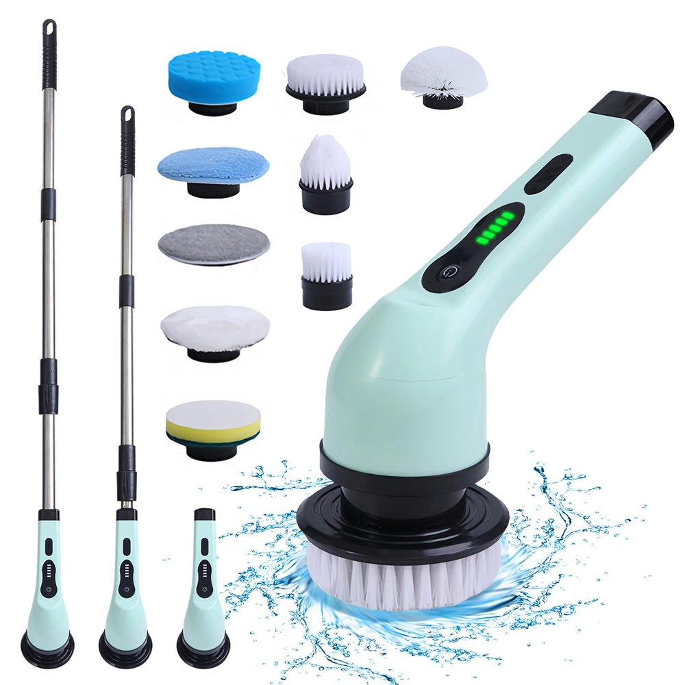 Cordless Electric Spin Scrubber, 9 Replacement Cleaning Heads IPX6 Dual Speed Shower Cleaning Brush with Extension Arm for Bathroom Bathtub Grout Tile Floor (9 Replaceable Brush