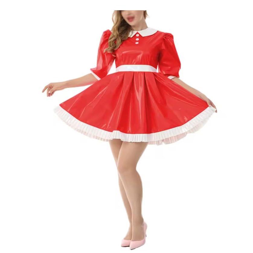 YGZHANYUANOKU Glossy Wetlook PVC Patchwork Dress, White Color,Doll Collar,A-line Mini Dress,Half Sleeve Pleated Dress,Faux Latex,Party Outfits Customizable,Red,7XL