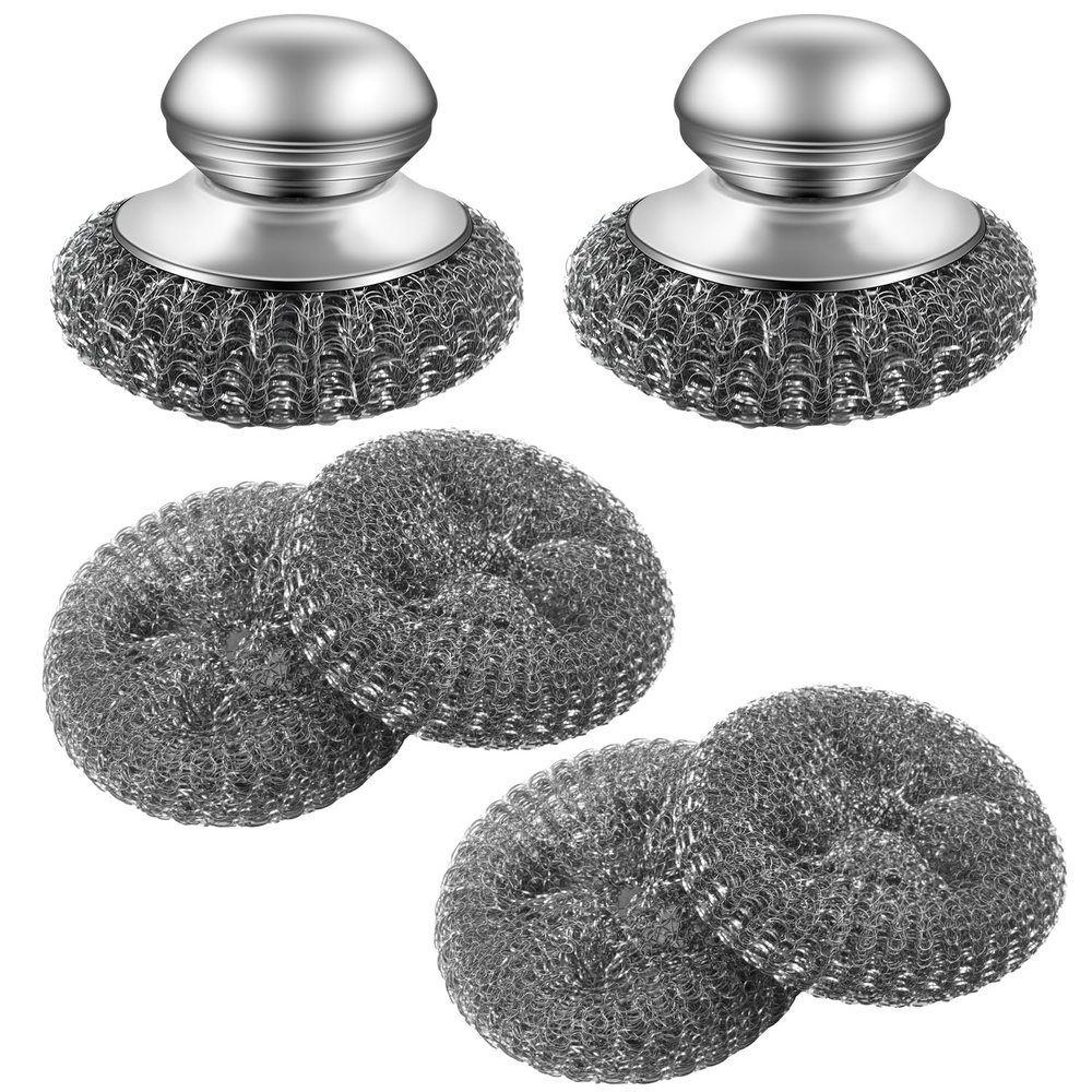 8-Piece Set Stainless Steel Scrubber, Steel Wool Scrubber, Stainless Steel Scrubber with Handle, for scrubbing Tough Stains on cast Iron, Pans, pots, stoves, Grills, Sinks (2 scrubbers + 6 Pads)