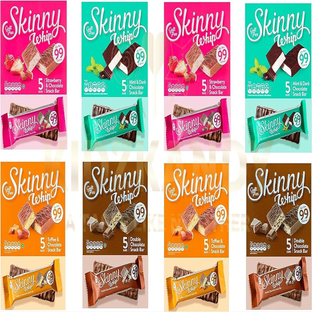 Skinny Whip 25g Chocolate Bars Guilt Free 99 Cal 4 Various Flavours Orange - Strawberry - Toffee - Mint - Double Chocolate Various 20 bars Total