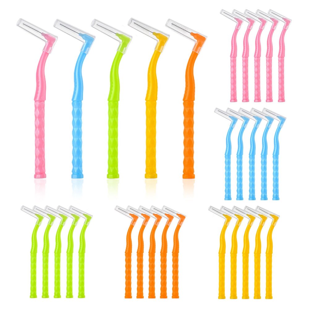 30PCS Interdental Brushes, 5 Size L Shaped Dental Brushes with Non-Slip Handle Angled Head Tooth Picks Floss Sticks Dental Floss Brushes for Braces Oral Cleaning Narrow Tooth Cleaning Tools