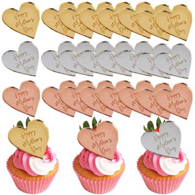 24 Pcs Happy Mother's Day Cupcake Toppers Acrylic Cake Disc Mirror Heart Cake Engraved Topper Cake Toppers Cupcake Picks Decorations for Mother's Day Party Baking Dessert Decor (Gold)