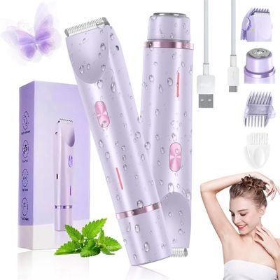 Dual Head Shaver for Women, 2-in-1 IPX7 Waterproof Rechargeable Hair Razor, Electric Shaver for Women, Wet & Dry Use for Bikini Area, Underarms, Legs, Arms (Purple)