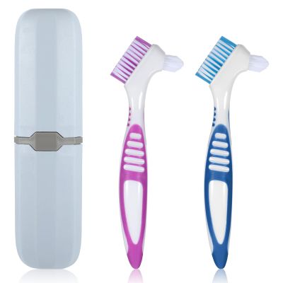 2 PCS Denture Brush, Retainer Brush Denture Toothbrush with Rubber Anti-Slip Handle, False Teeth Care with Carrying Case, Denture Brushes for Cleaning False Teeth Maintenance
