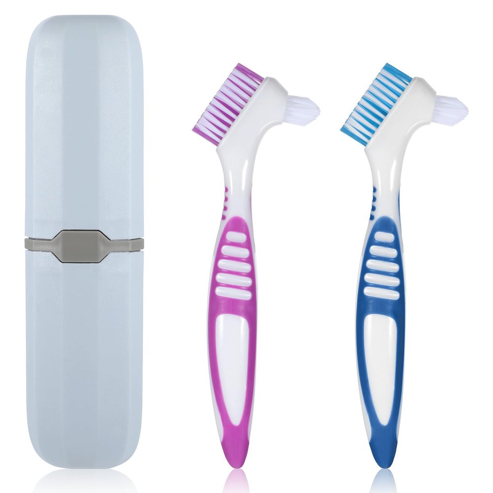 2 PCS Denture Brush, Retainer Brush Denture Toothbrush with Rubber Anti-Slip Handle, False Teeth Care with Carrying Case, Denture Brushes for Cleaning False Teeth Maintenance