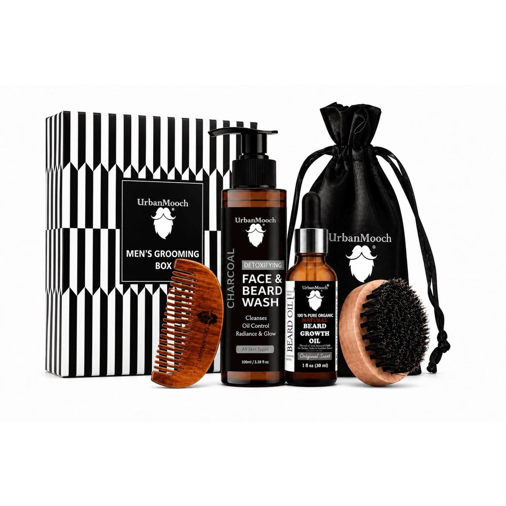 UrbanMooch 4 in 1 Beard Grooming Kit for Men | Anniversary, Birthday, Valentine Gift for Boyfriend, Husband | Charcoal Face & Beard Wash, Powerful Beard Growth Oil, Boar Bristle Beard Brush & Wooden