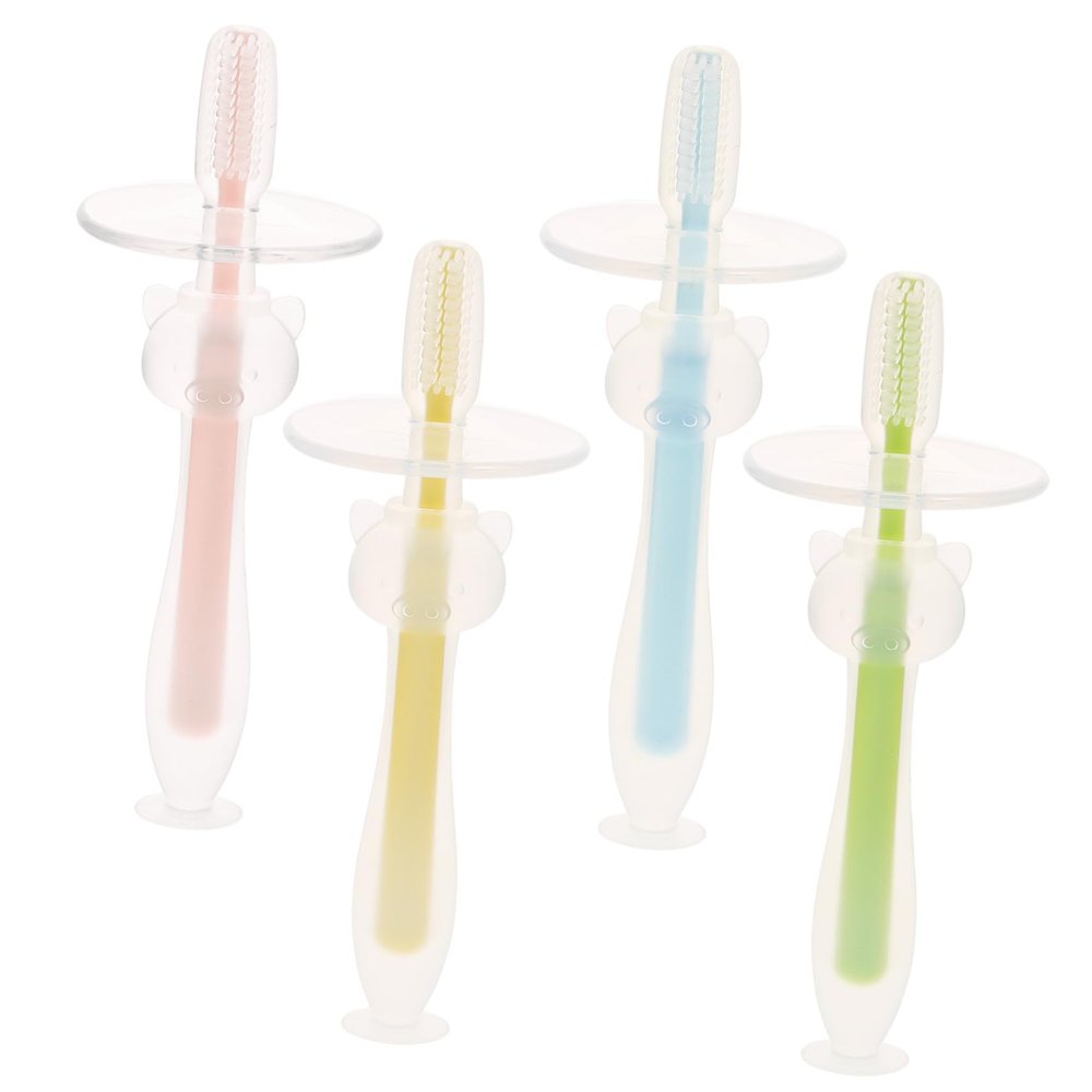 VINTORKY 4pcs Baby Toothbrush Silicone Infant Toothbrushes with Suction Base Soft Bristles Light Weight Safe for Toddlers Oral Care
