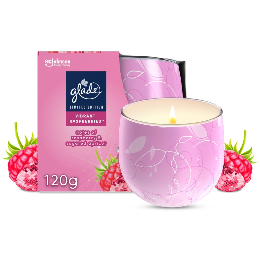 Glade Jar Candle, Scented Candle Infused with Essential Oils, Up to 31 Hour Burn Time, Vibrant Raspberries, 120g