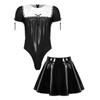 XINLIANYI Men's Sissy Maid Costume Set Short Puff Sleeve Bodysuit with High Waist A-line Mini Skirts Shiny PVC Cosplay Clubwear Custom Made,Black,XXXL view 1