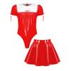 XINLIANYI Men's Sissy Maid Costume Set Short Puff Sleeve Bodysuit with High Waist A-line Mini Skirts Shiny PVC Cosplay Clubwear Custom Made,Black,XXXL view 3