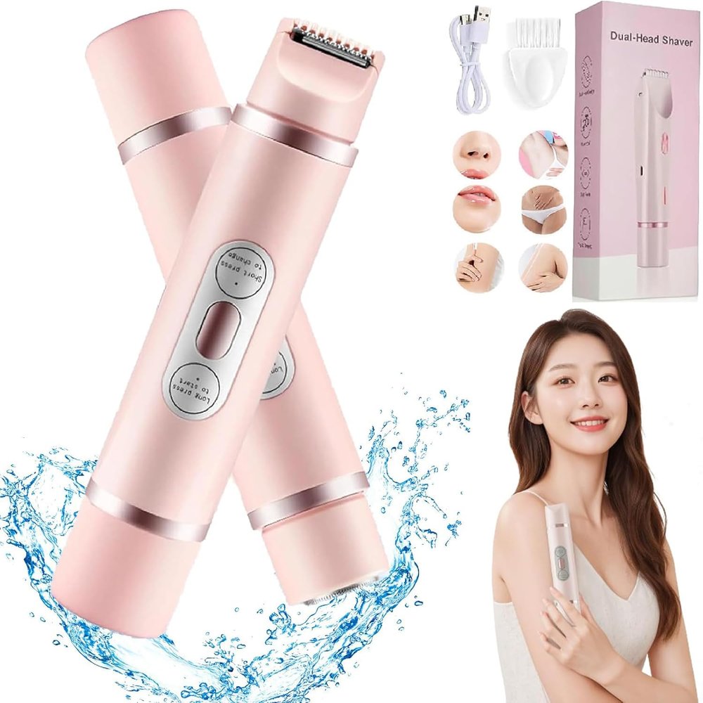 Comfort 2 in 1 Electric Lady Shaver, Ezme Razor, Mini Wet and Dry Women Hair Remover, Dual Head Design Shaver, Rechargeable Waterproof Cordless Bikini Trimmer for Legs, Underarm, Arm (Pink)