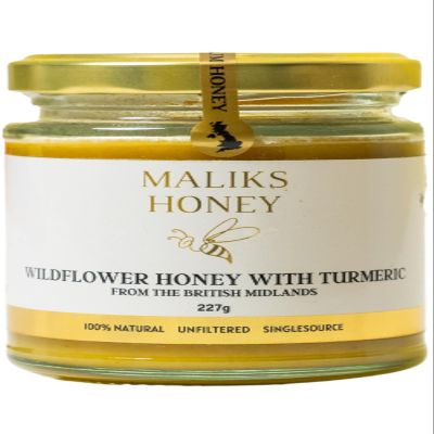 Malik's Honey Raw British Soft Set Honey with Turmeric | Natural Wellness Boost | Single Source | Perfect for cooking as a Spread or in a tea | 227g Glass Jar