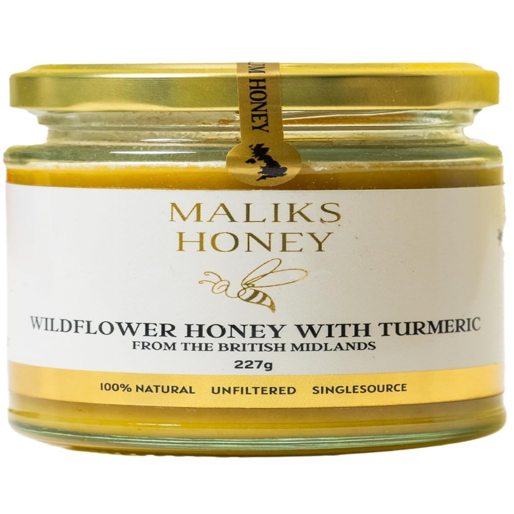 Malik's Honey Raw British Soft Set Honey with Turmeric | Natural Wellness Boost | Single Source | Perfect for cooking as a Spread or in a tea | 227g Glass Jar
