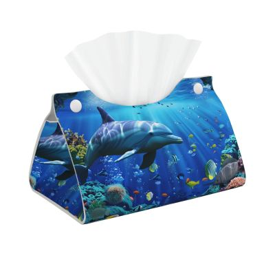 3D Underwater World Fish dolphi Printed Long Tissue Box Cover Leather Modern Tissue Case Tissue Box Holder for Home Office Decor Bathroom Car