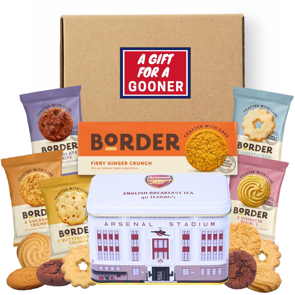 Football Fan Gifts For Arsenal Fans Hamper Bundle With Arsenal Gifts Merchandise Highbury Stadium Officially Licensed Tea Tin, Border Biscuits Ginger and x5 Borders Biscuits Mini Packs
