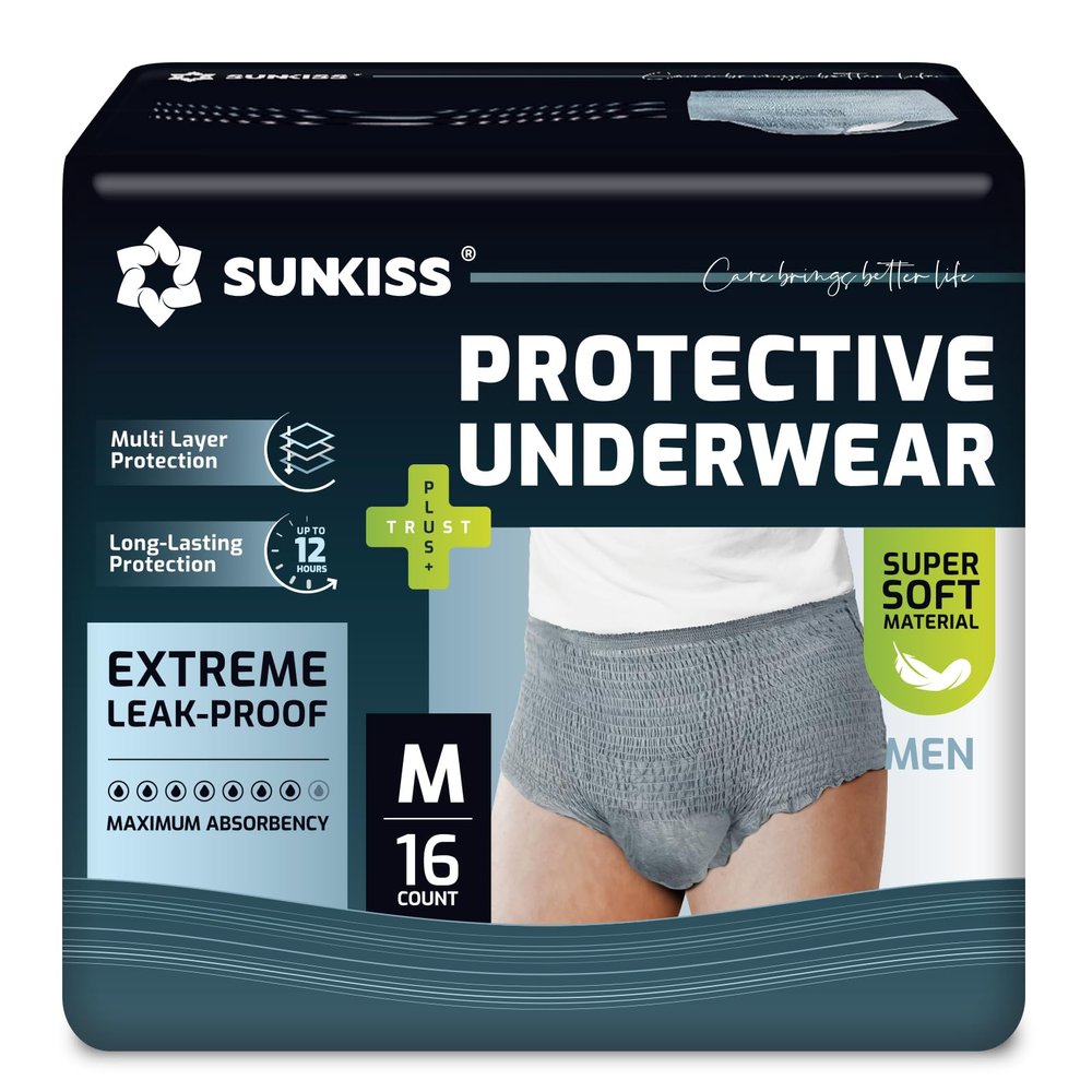 SUNKISS Incontinence Pants for Men, Daytime Disposable Adult Pull Ups, Mens Protective Underwear with Maximum Absorbency, Grey, Medium, 16 Count