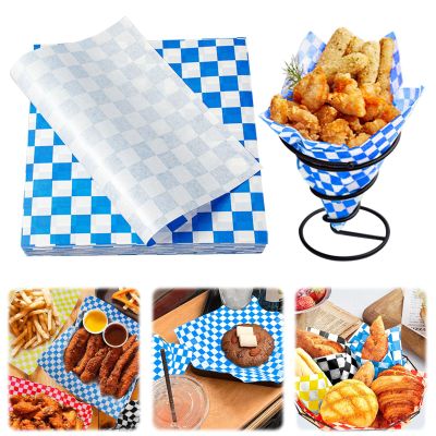 100PCS Deli Paper,Premium Food Basket Liners, Grease Resistant Wax Paper Sheets for Food,Deli Wrap Wax Paper Sheets for Wrapping Bread and Sandwiches (Blue, 7'')