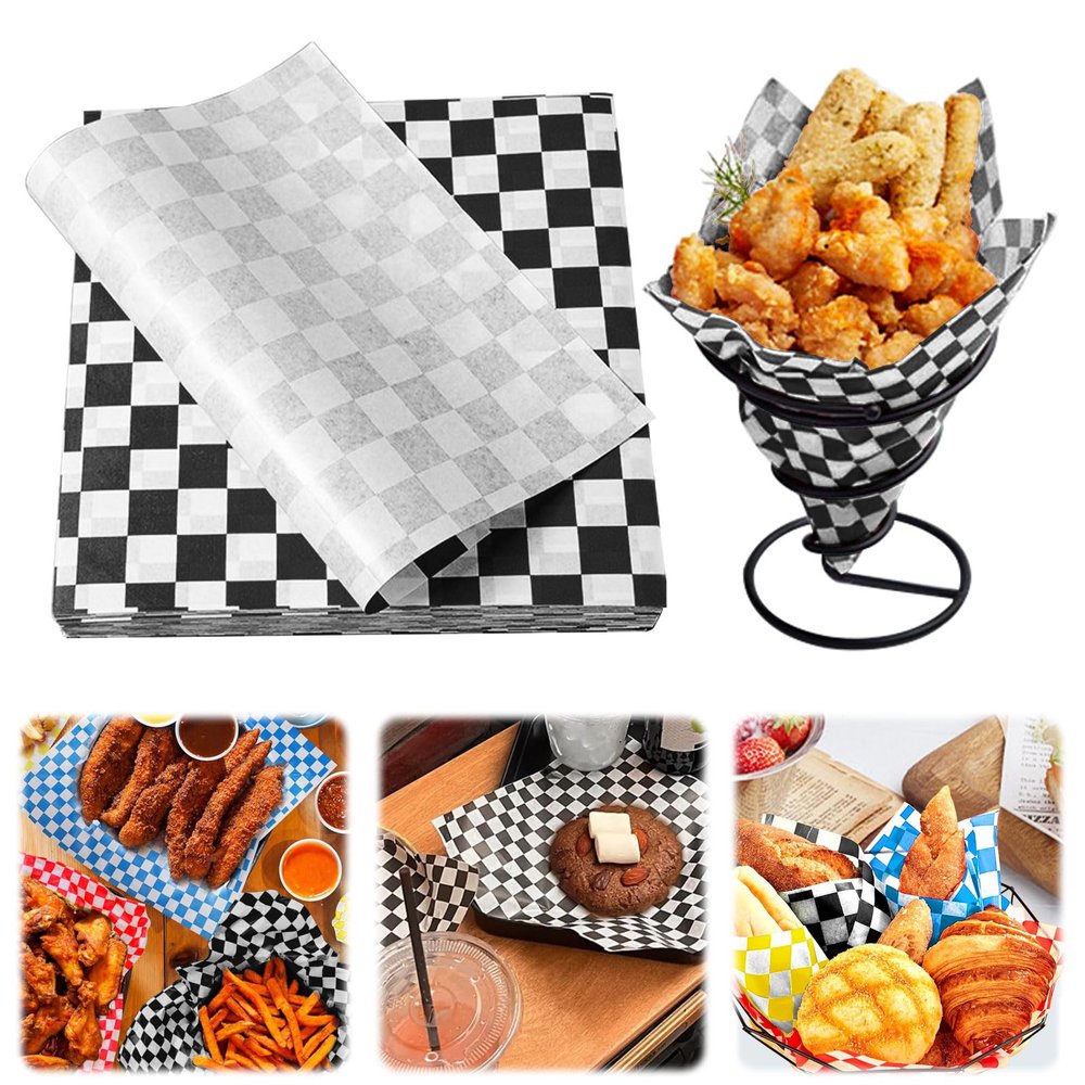 100PCS Deli Paper,Premium Food Basket Liners, Grease Resistant Wax Paper Sheets for Food,Deli Wrap Wax Paper Sheets for Wrapping Bread and Sandwiches (Black, 7'')