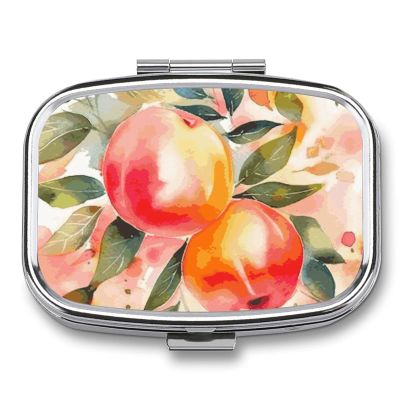 Pill Box 2 Compartment Pill Organizer Colorful Peach Watercolor Design Travel Pill Case with Mirror Square Metal Pill Container Weekly Medicine Planner Vitamin Organizer for Pocket