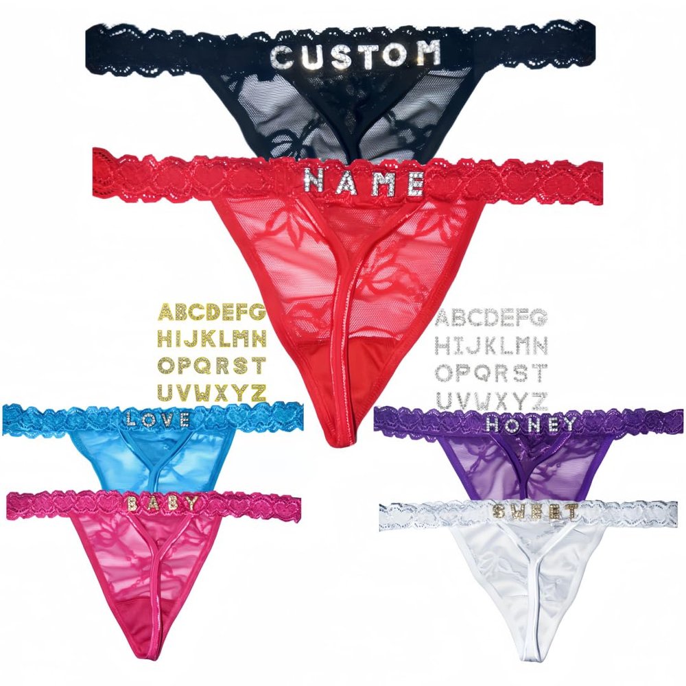 2 Pack Personalized Rhinestone Thongs Custom Name, DIY Hand-Sewn Shiny Gold Letters, Luxury Custom Underwear