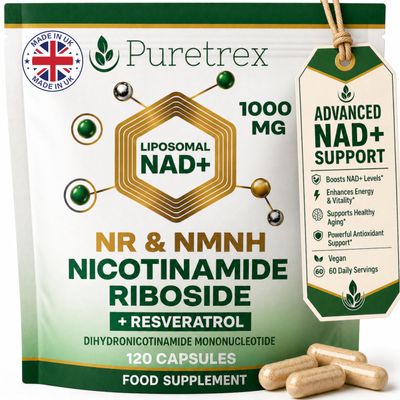 PURETREX NMN Supplements 1000mg, Made in UK, 120 Vegan Capsules, Liposomal NAD Plus with Nicotinamide Riboside and Resveratrol, High Strength Cellular Energy, Healthy Aging Formula