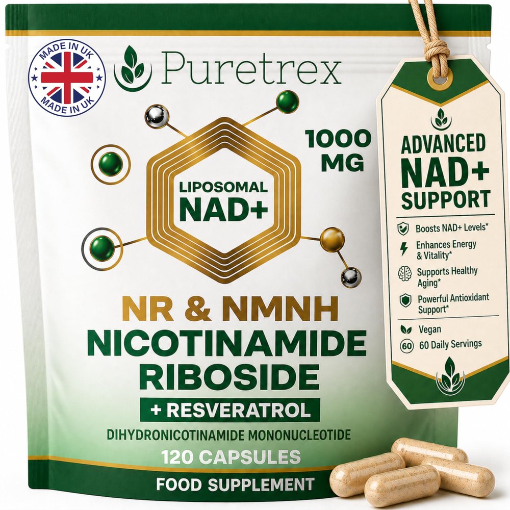 PURETREX NMN Supplements 1000mg, Made in UK, 120 Vegan Capsules, Liposomal NAD Plus with Nicotinamide Riboside and Resveratrol, High Strength Cellular Energy, Healthy Aging Formula