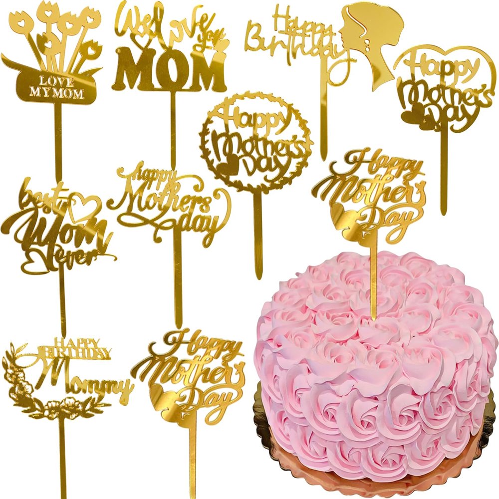 9 Pcs Mother's Day Cake Topper Gold Acrylic Happy Mother's Day Cupcake Topper for MOM Birthday Party Dessert Decoration Supplies
