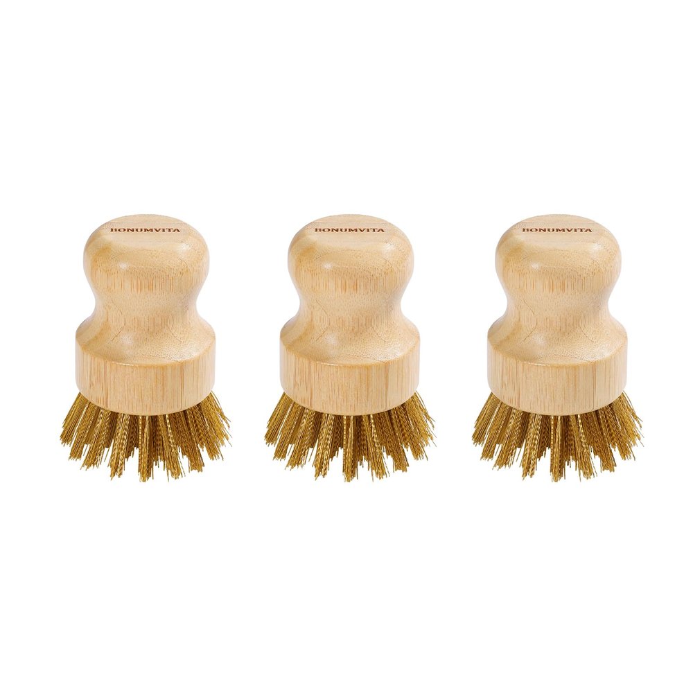 BONUMVITA Cast Iron Scrubber Cleaner with Brass Bristle, 3 Pack Natural Bamboo Handle Copper Scrubber Cleaner for Cast Iron Woks Skillets Pans Pots Table Top BBQ Grills
